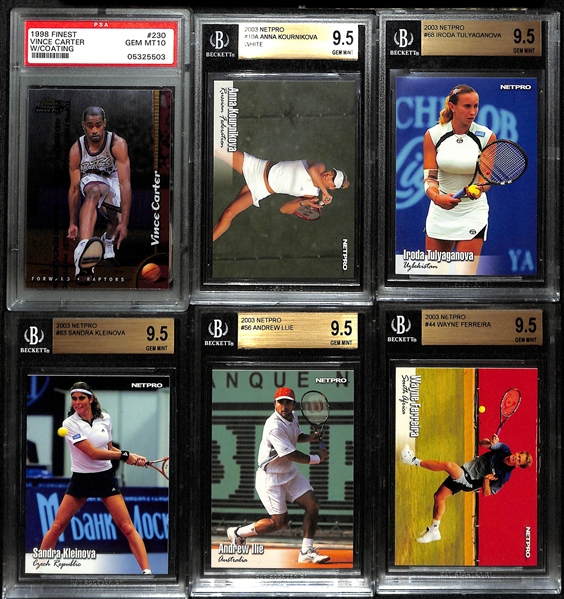 (10) Gem Mint Graded Sports Rookie Cards w. 1998 Finest Vince Carter (PSA 10), 1987 Mark McGwire PSA 10, & (10) NetPro Tennis Cards (Inc. Anna Kournikova)