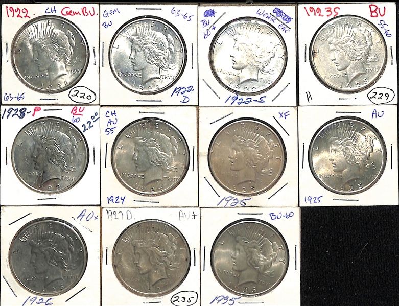 Lot of (11) Peace Dollars Dating from 1922-1935 w. 1922-D