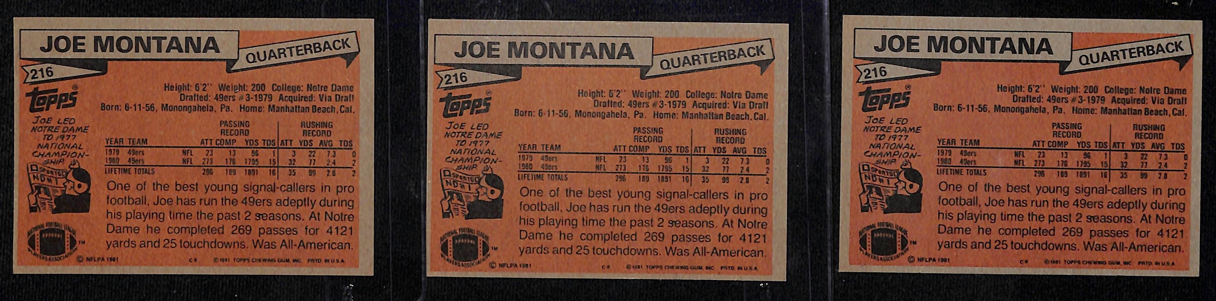 Lot of (3) 1981 Topps Joe Montana Rookie Cards