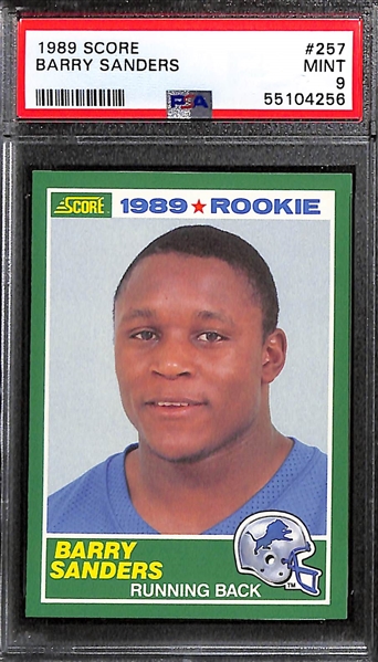 (3) Football Rookies - 1989 Score Barry Sanders (PSA 9), 1990 Score Supplemental Emmitt Smith (PSA 9), 1982 Ronnie Lot (PSA 8) 