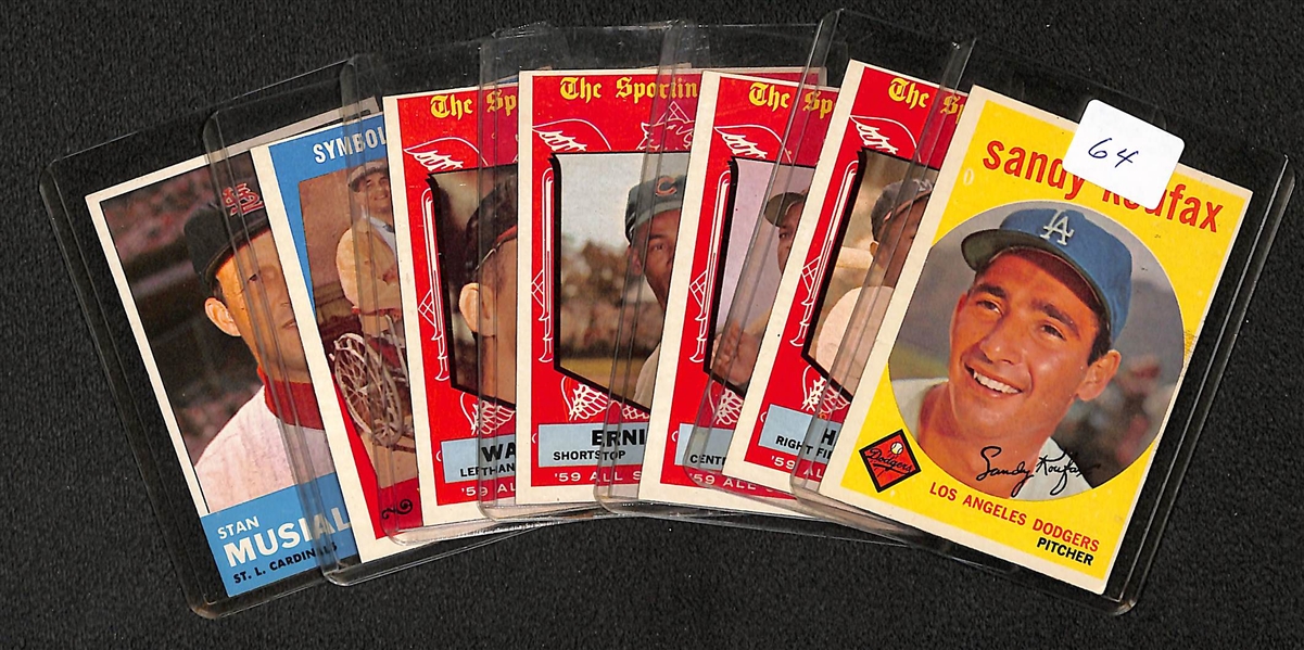  Lot of (6) 1959 Topps Baseball Cards w. Koufax & 1963 Stan Musial Card