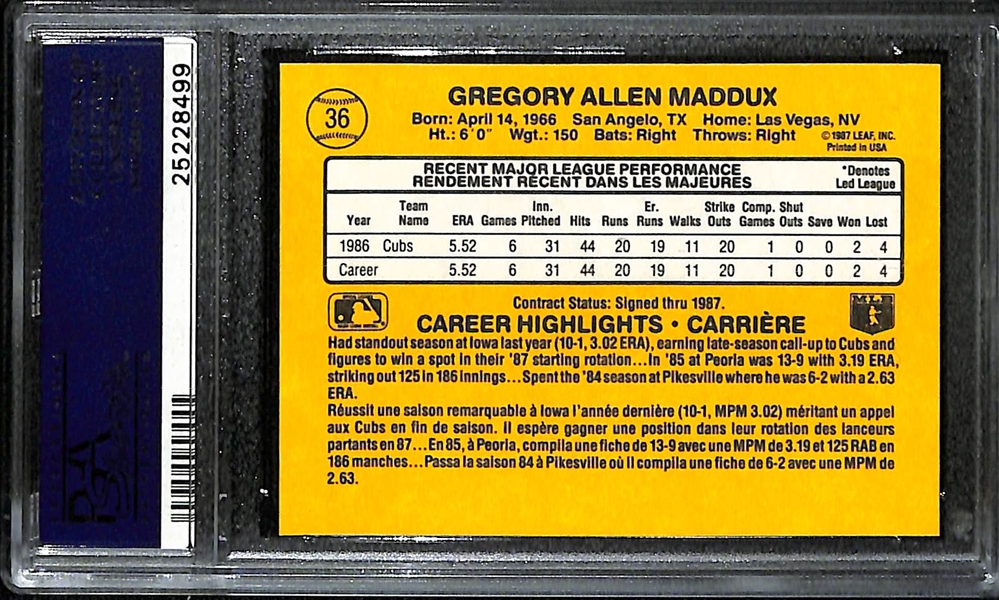 1987 Leaf Greg Maddux #36 Rookie Card Graded PSA 10 Gem Mint