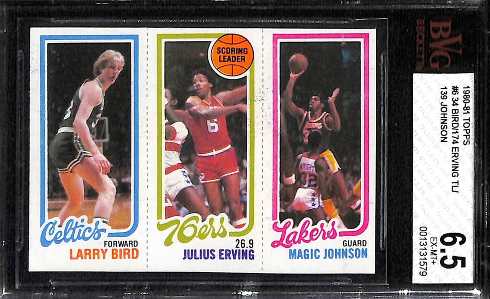 1980-81 Topps Larry Bird & Magic Johnson Dual Rookie #6 (w. Julius Erving) Graded Beckett BGV 6.5 EX-MT+