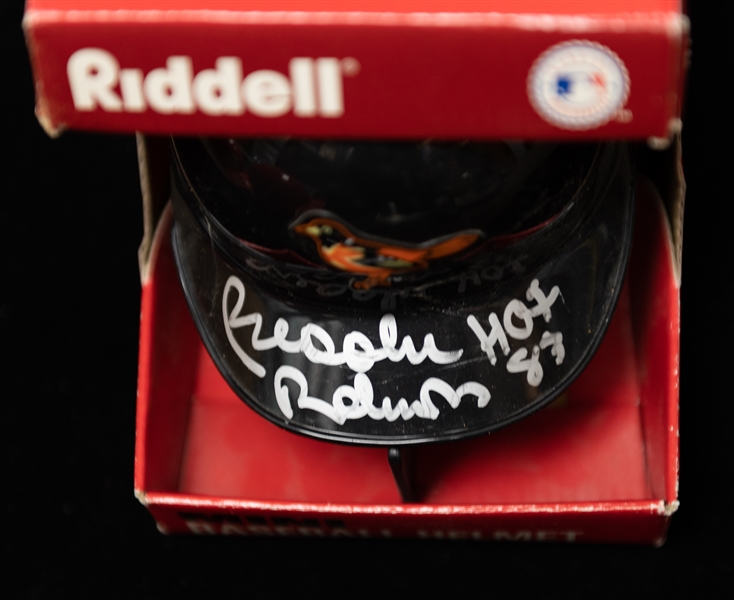 Lot of (5) Autographed Mini Baseball and Football Helmets w. Brooks Robinson, Jim Thome, Tommy McDonald and Others (JSA Auction Letter)