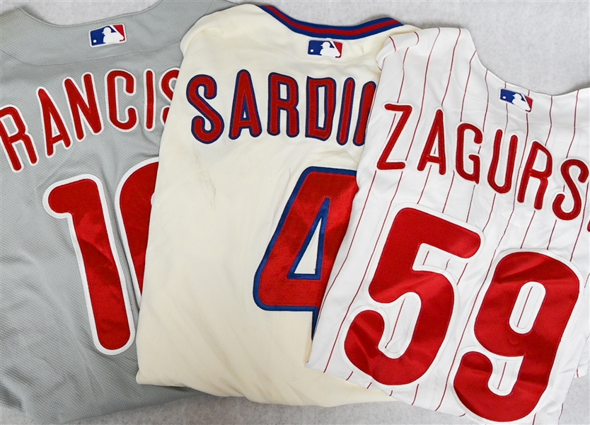 Lot of (3) Majestic Phillies Team Issued Jerseys w. Francisco, Zagurski, and Sardinha (MLB Cert.) 