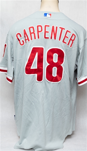Lot of (3) Majestic Phillies Team Issued Jerseys w. Carpenter, Mackanin, and Dubee (MLB Cert.)