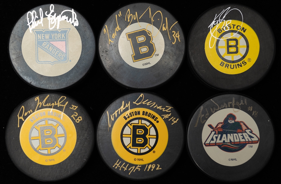 Lot of (6) Autographed Hockey Pucks of Boston Bruin Players w. Esposito, Dumart, Westfall, Murphy, Dafoe, and Crowder (JSA Auction Letter) 