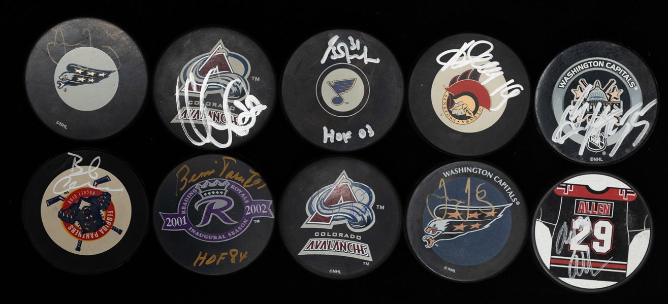 Lot of (10) Autographed Hockey Pucks w. (2) Jagr, Fuhr, Parent, Bob Clark and Others (JSA Auction Letter)