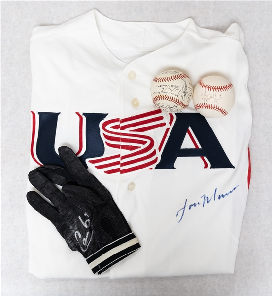 Autograph Lot w. Old Timers Signed Baseball, Brett The Hitman Hart Signed Baseball, Lou Marson Signed 2009 USA Jersey & Carlos Lee Signed Used Glove (JSA Auction Letter)