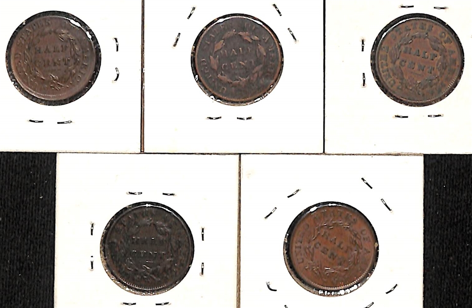 Lot of (5) Classic Head Half Cent Coins from 1809-1835 w. 1826