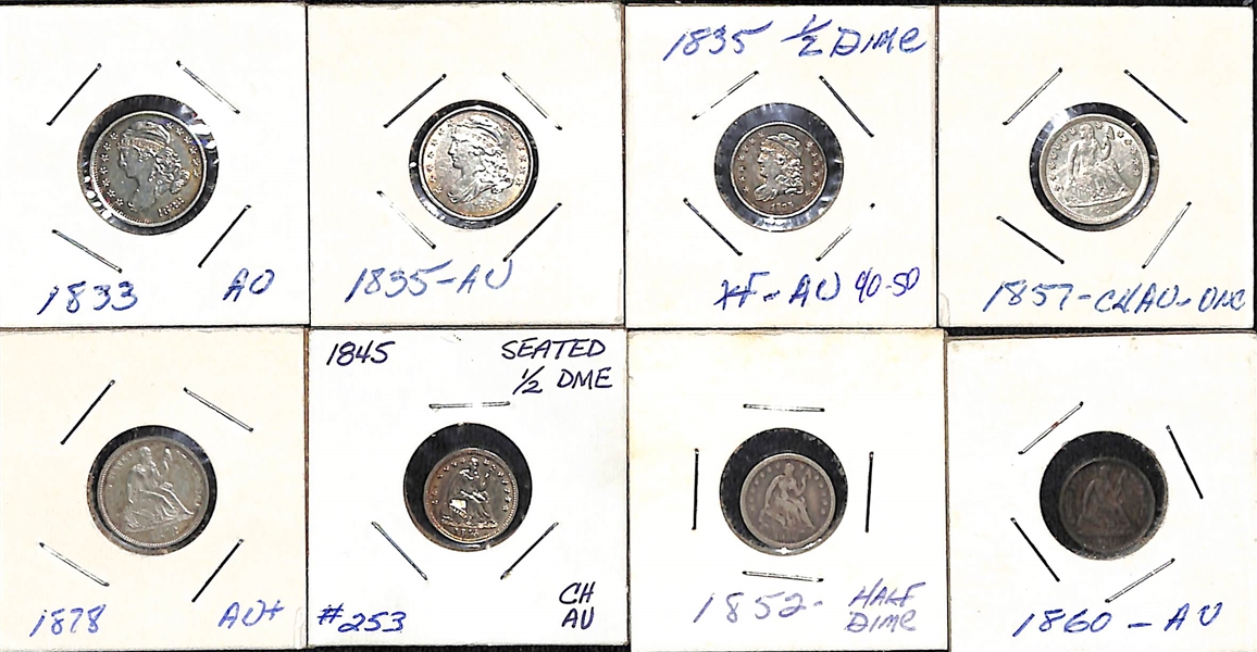 Lot of (2) Capped Bust Dimes, (1) Capped Bust Half Dime, (2) Liberty Seated Dimes, & (3) Liberty Seated Half Dimes from 1833-1860