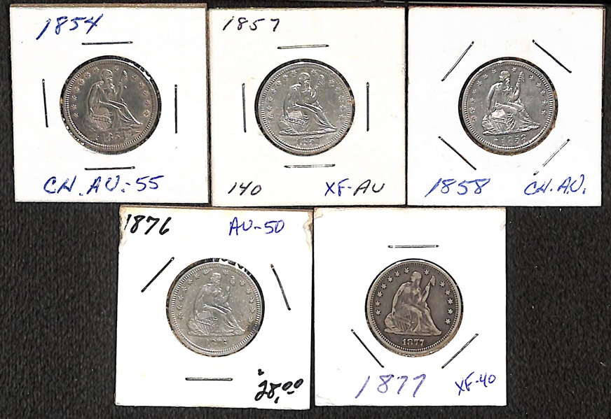 Lot of (5) Silver Liberty Seated Quarters from 1854-1877