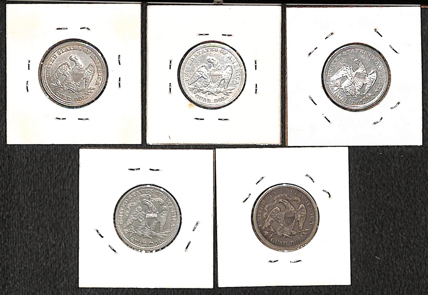 Lot of (5) Silver Liberty Seated Quarters from 1854-1877