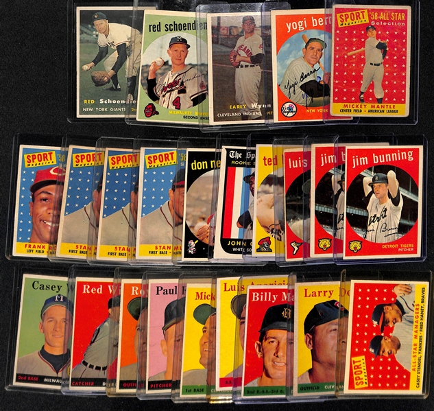 Lot of (24) Topps Baseball Cards from 1957-1959 w. 1958 Mantle AS