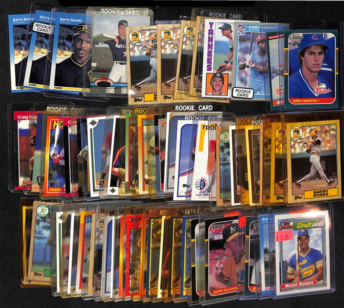 Lot of (50+) 1980s Rookie Cards w. Barry Bonds, R. Johnson, Puckett, Maddux, and Others