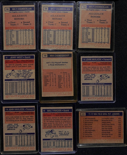 Lot of (9) 1972-73 Topps Basketball Cards w. Chamberlain, West, Havlicek and Others