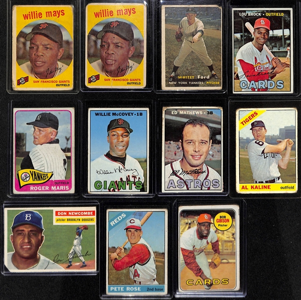 Lot of (24) Mostly 1950s and 60s Topps Baseball w. (2) 1959 Willie Mays (Poor Condition)
