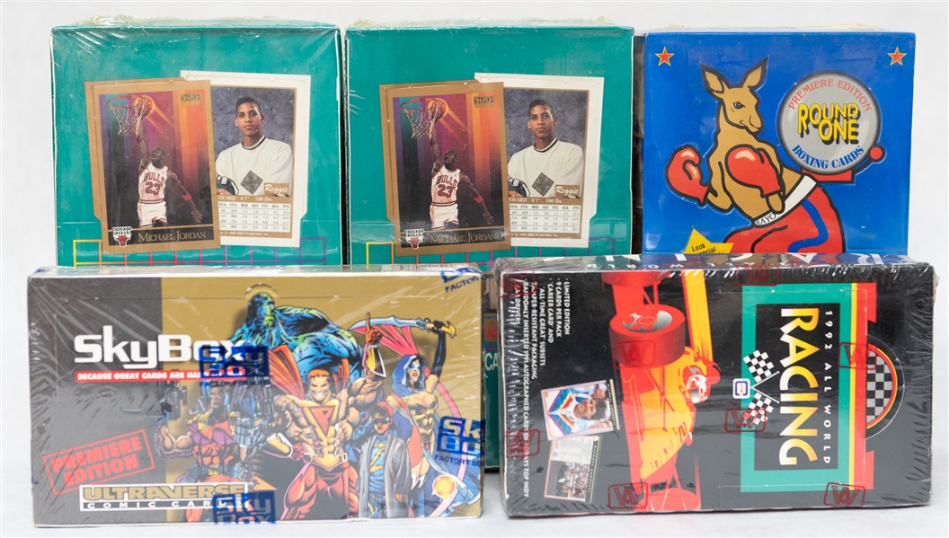 Lot of (5) Sealed 1990 Wax Mixed Sport Hobby Boxes w. (2) 1990-91 Skybox Basketball Series 2