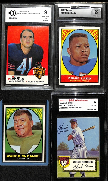 Lot of (4) Topps Star Football Cards w. 1969 Topps Brian Piccolo RC BCCG 9 & Chuck Connors Autographed Trading Card SGC Auth