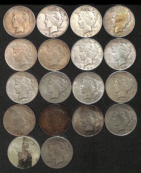 Lot of (18) Assorted Circulated Peace Silver Dollars from 1922-1926