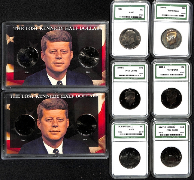 Lot of (8) Kennedy Half Dollars (4 Slabbed) & (2) Commemorative Slabbed Half Dollars