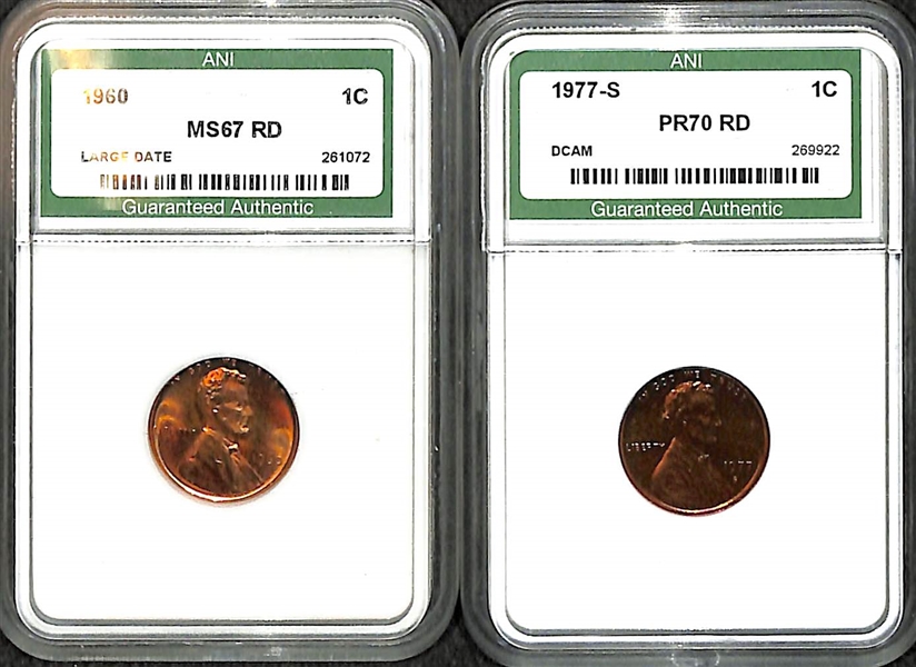 Lot of (2) Graded Lincoln Memorial Pennies - 1960 MS67 RD & 1977-S PR70 RD