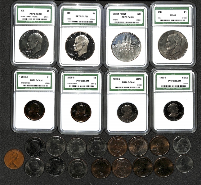 Lot of (25) US Coin Dollars w. (8) Graded Examples w. 1976-S Ike Type 1 PR70 DCAM & 1978-S Ike PR70 DCAM