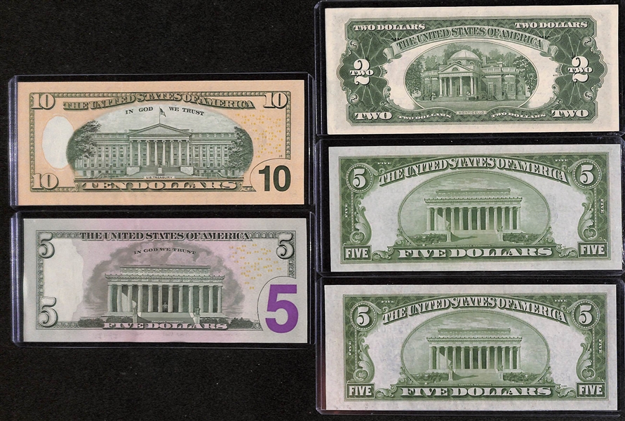 US Currency Lot - (1) $2 Bill, (3) $5 Bills, (1) $10 Bill