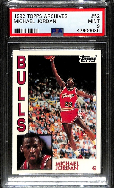 (3) Michael Jordan PSA 9 (MT) Graded Cards - 1989 Fleer #21, 1990 Skybox #41, 1992 Topps Archives #52
