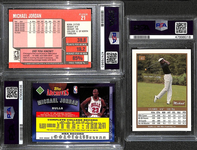 (3) Michael Jordan PSA 9 (MT) Graded Cards - 1989 Fleer #21, 1990 Skybox #41, 1992 Topps Archives #52