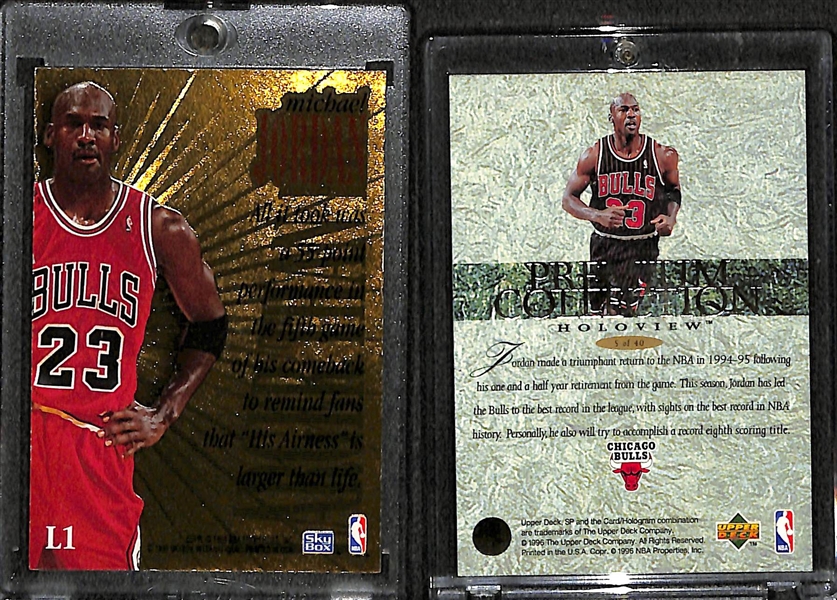 (2) Michael Jordan Insert Cards - 1995-96 Skybox Larger Than Life & 1996 UD Holoview Premium Collection