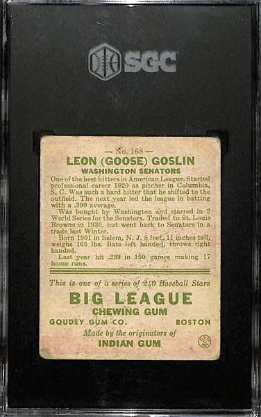 1933 Goudey Goose Goslin (HOF) #168 Graded SGC 2