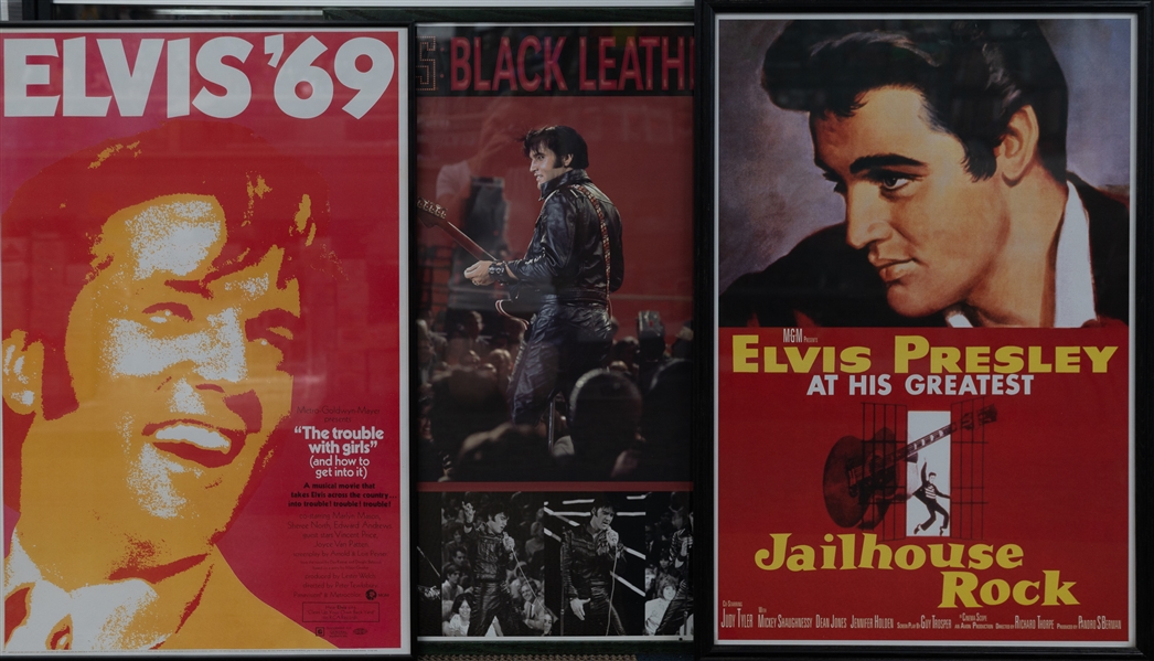(3) Elvis Presley Framed 36x24 Posters (The Trouble with Girls Movie, Jailhouse Rock Movie Poster, & Black Leather Poster) - Likely all Printed in the 1970s-1980s