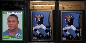 Beckett Raw Review Rookie Lot - 1989 Score Barry Sanders (BGS 9) & (2) 1998 Topps Chrome Peyton Manning (Both BGS 8)