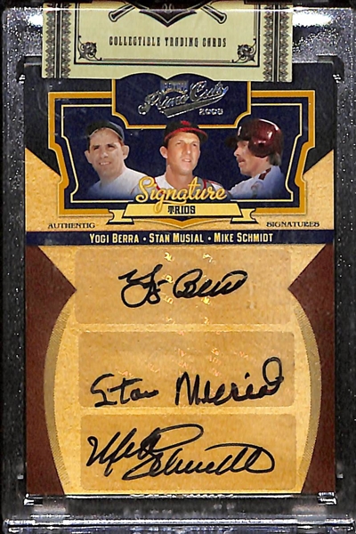 2008 Playoff Prime Cuts Triple HOFer Autographed Card - #2/10 - Yogi Berra, Mike Schmidt, Stan Musial