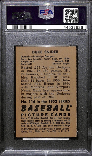 1952 Bowman Duke Snider #116 Autographed Baseball Card (PSA/DNA Certified)