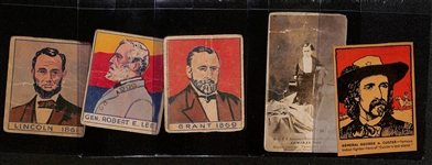 (3) 1930 American History R129  Cards (Lincoln, Lee, Grant), 1880s P.T. Barnum Sideshow Card, & 1930 Post Cereal General Custer