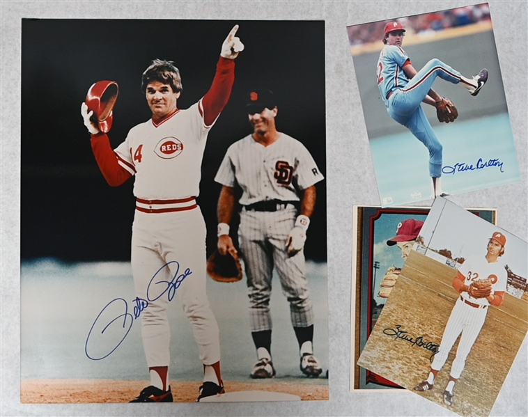 Lot of (4) Signed Baseball Photos - Pete Rose 16x20 and (3) 8x10s (2 Steve Carlton & Robin Roberts) - JSA Auction Letter