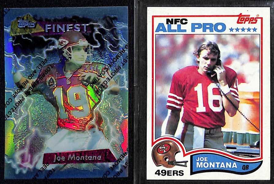 Lot of (18) Joe Montana Football Cards w. Mostly Inserts Including 1995 Topps Finest Refractor and 1982 Topps 2nd Year Card