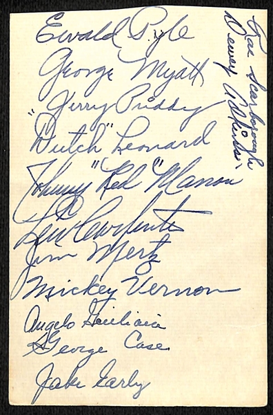 Index Card Autographed by (13) of the 1943 Washington Senators Inc. Jake Early, George Case, Mickey Vernon