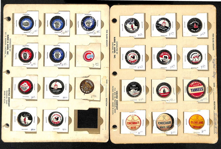 Vintage Baseball Lot w. (23) Player and Team Pins, Whitey Ford & Roger Maris Sports Records, and More