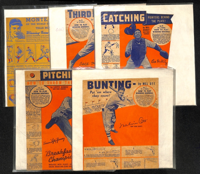 Lot of (5) 1930s Wheaties Cereal Baseball How To Cut-Outs w. Mel Ott, Lefty Gomez, Bill Dickey and Others