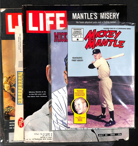 Lot of (2) Life Magazines w. Mantle & Maris Post Cereal Advertisement Card & (2) Mickey Mantle Comic Books