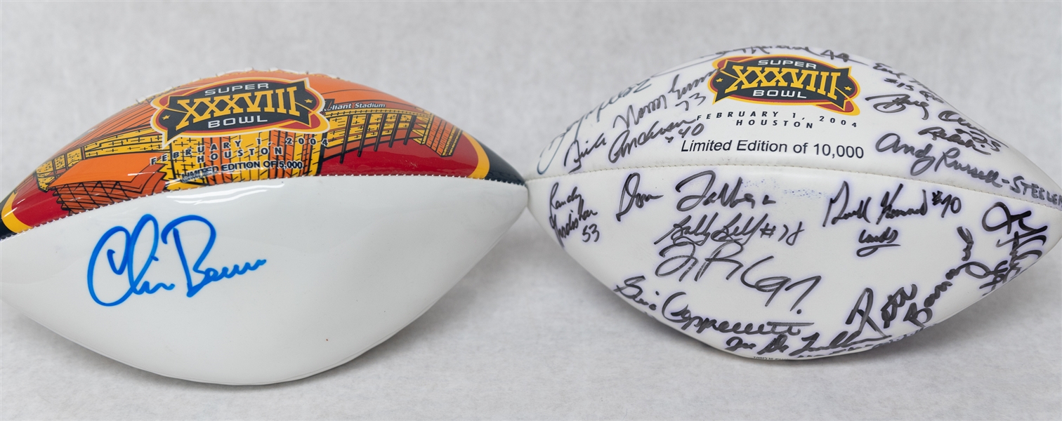 Lot of (2) Super Bowl XXXVIII Autographed Footballs w. (20+) Signatures Inc. Chris Berman (JSA Auction Letter)