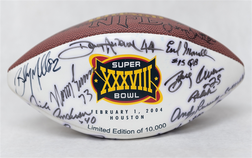 Lot of (2) Super Bowl XXXVIII Autographed Footballs w. (20+) Signatures Inc. Chris Berman (JSA Auction Letter)