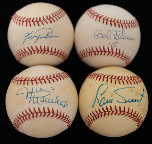 Lot of (4) MLB Pitchers Autographed Rawlings Baseballs w. Bob Gibson, Juan Marichal, and others (JSA Auction Letter)