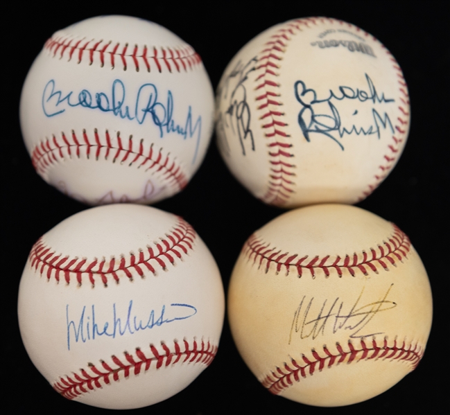 Lot of (4) Autographed Baseballs of Orioles Players w. Brooks Robinson (on 2 balls), Mike Mussina and Others (JSA Auction Letter)