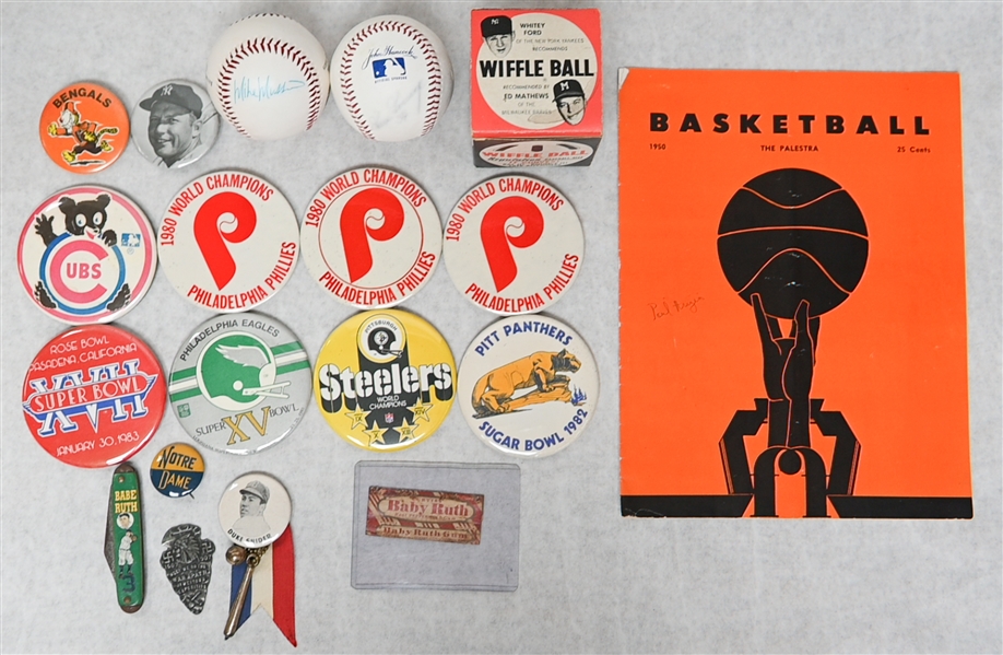 Misc. Sports Lot w. Mickey Mantle and Sports Pins, 1950 Basketball Program w. Paul Arizin Auto and More (JSA Auction Letter)