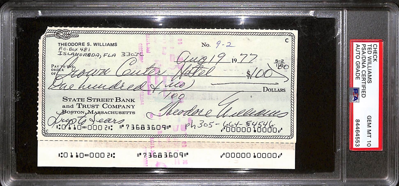 1977 Ted Williams Signed Personal Bank Check (PSA/DNA Slabbed w. Auto Grade 10!)