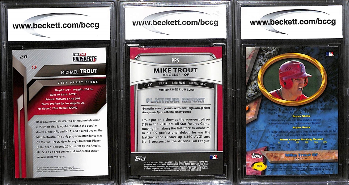 (3) Mike Trout Early Career/Rookie Cards (All Beckett BCCG 10) - 2009 Tristar #20, 2010 Bowman Platinum #PP5, 2011 Bowman's Best #BBP9